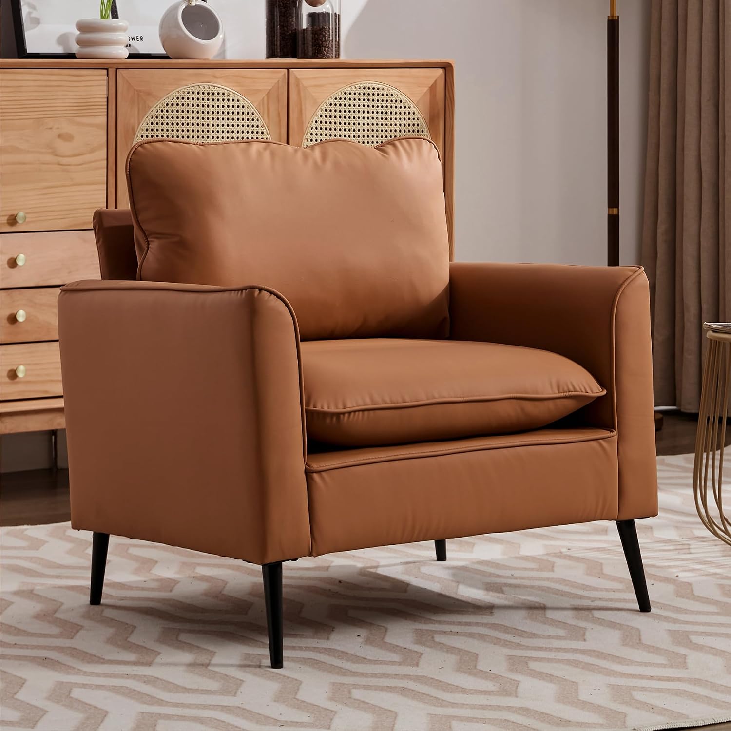 YISHENG Mid-Century Modern Living Room Accent Chairs Set of 2 - Oversized Faux Leather Armchairs with Removable Cushions & Metal Legs, Comfortable Sofas for Office/Lounge/Bedroom/Reception,（Brown）