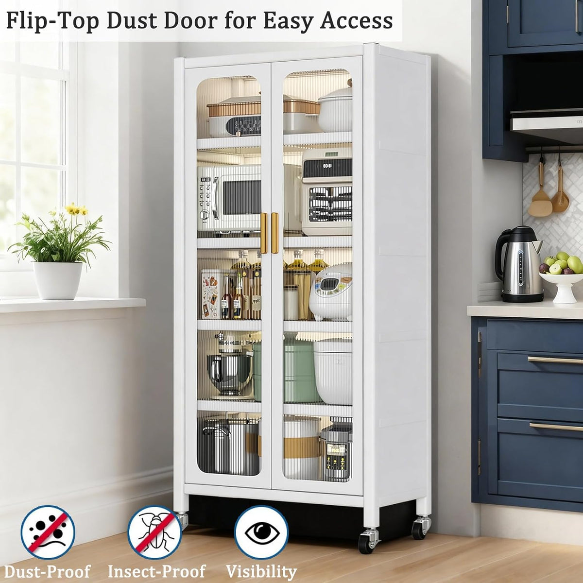 65" Kitchen Pantry Storage Cabinet 6 Tier Metal Display Storage Cabinet With Transparent Door Adjustable Shelves & Wheels Versatile Storage Food Upright Cabinets For Kitchen Dining Room White