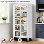 65" Tall Freestanding Kitchen Pantry Cabinet, 6-Tier Metal Food Pantry Storage Cabinet with Transparent Door, Adjustable Shelves and Rolling Wheels,Display Cabinet for Kitchen, Living Room,White