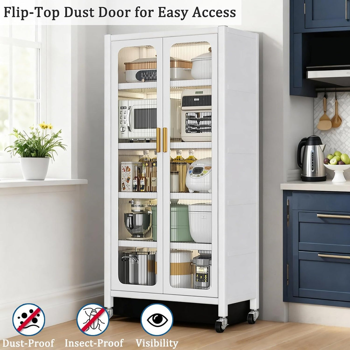 65" Tall Freestanding Kitchen Pantry Cabinet, 6-Tier Metal Food Pantry Storage Cabinet with Transparent Door, Adjustable Shelves and Rolling Wheels,Display Cabinet for Kitchen, Living Room,White