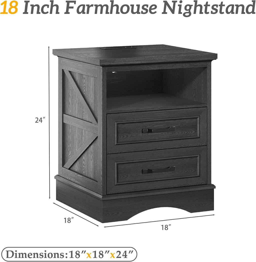Fluest 24" Tall Farmhouse Nightstands Set of 2, Night Stands with Fast Charging Station, Beside Tables with Drawers and Open Storage, Rustic End Tables for Bedroom, Antique Black