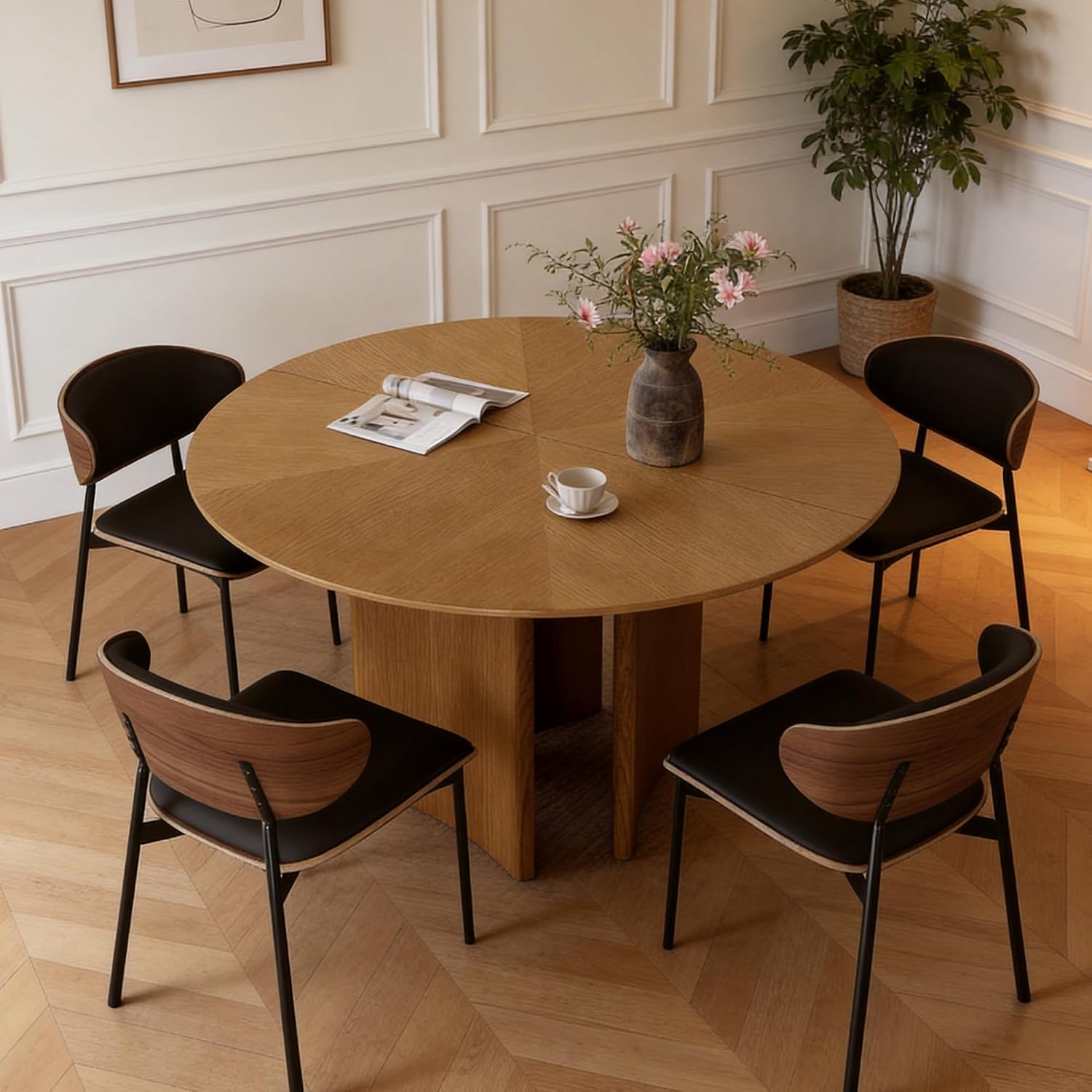 59" Round Wood Dining Table – Mid-Century Modern Kitchen Table with Pedestal Base for 4–8 People, Perfect for Living Room, Dining Room & Kitchen, Walnut Finish