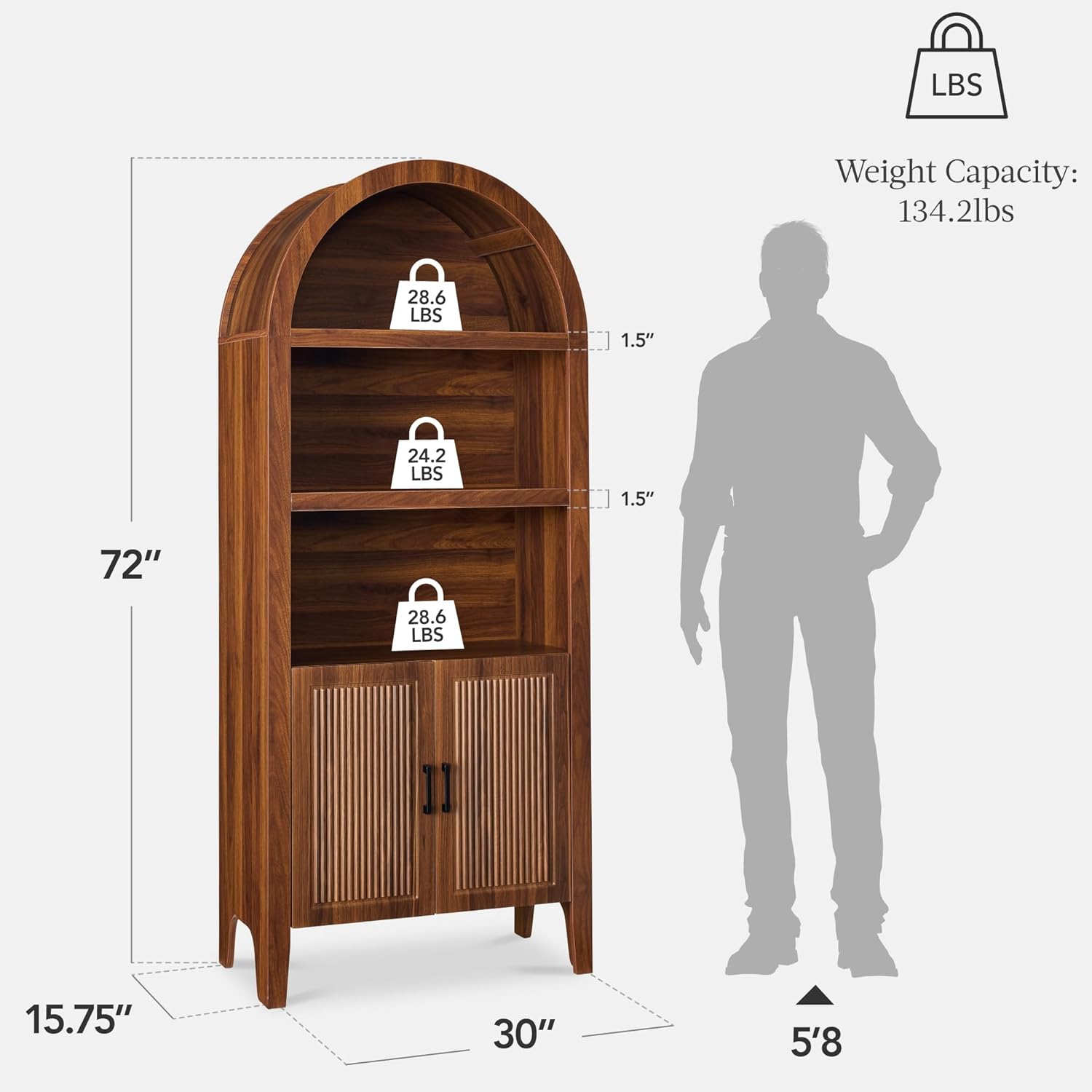 Best Choice Products 72" Tall Arched Pantry Cabinet w/Reeded Doors, 5-Tier Bookshelf, Armoire, Hutch, Bookcase, Storage Cabinet w/Adjustable Shelves, for Dining Room and Livingroom - Walnut