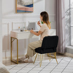 Vanity Chair with Storage | Comfy Ottoman with Folding Back | Faux Fur Vanity Stool with 4 Metal Legs for Make Up | Furry Padded Seat with Anti-Slip Feet for Bedroom Dressing Room | Black
