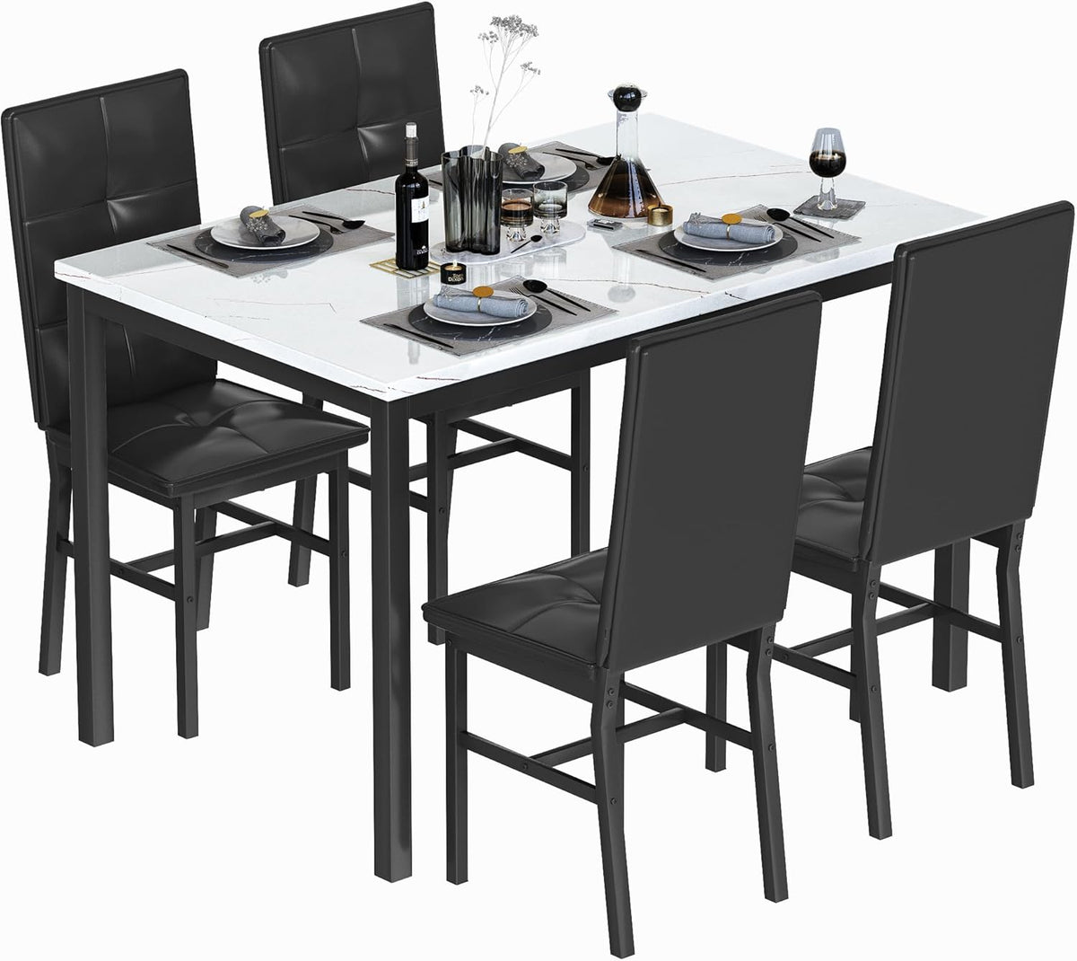 Hooseng Dining Table Set for 4, Faux Marble Small Kitchen Table with 4 PU Leather Chairs, Modern 5 Piece Dinner Table Set for Dining Room, Breakfast Nook, Samll Space, White & Black