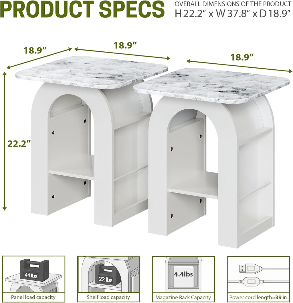 Small End Tables Living Room Set of 2 for Small Spaces,19" Marble Top Nightstand with RGB Strip, Side Table with Storage Shelf