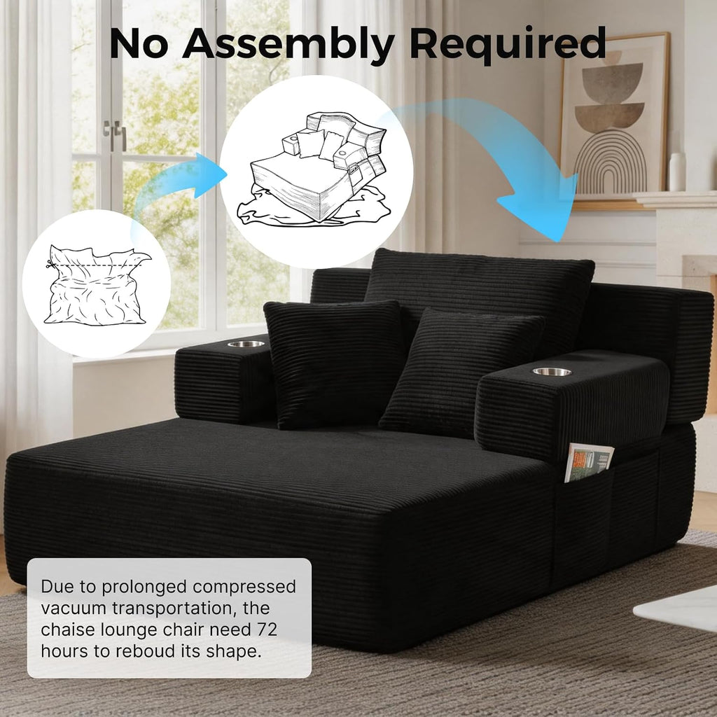 70"Chaise Lounge Chair, Oversized Chair & 2 Cup Holder 4 Pockets | Oversized Corduroy Lounge Chair Indoor Convertible, 3 Pillows, Deep Seat Sleeper Sofa Bed, Living Room, Reading, No Assembly