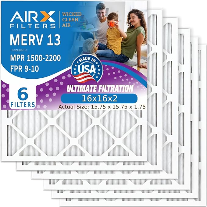 AIRX FILTERS WICKED CLEAN AIR. 16x16x2 Air Filter MERV 13 Electrostatic Pleated Air Conditioner Filter 6 Pack HVAC AC Furnace Filters