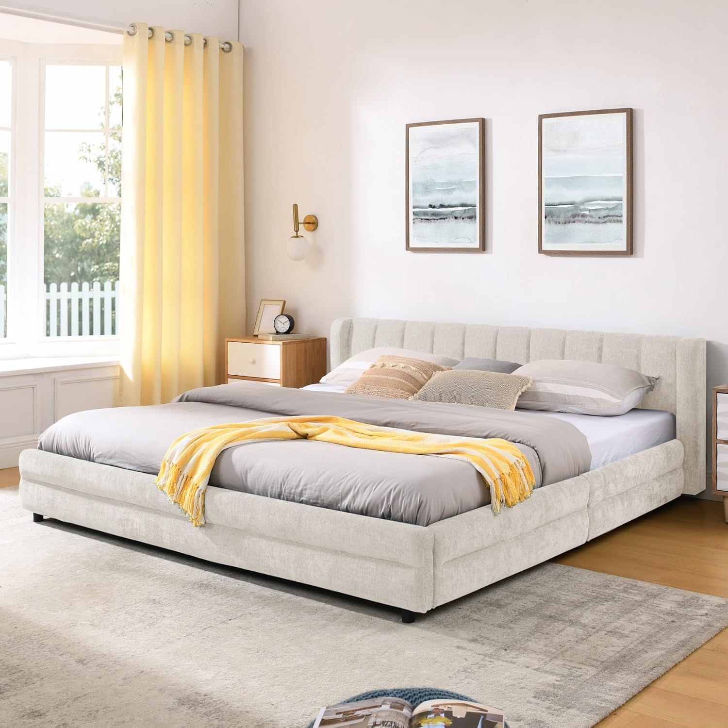 KEIKI Thick Chenille King Bed Frame with 4 Storage Drawer & Upholstered Tufted Cushioned Headboard, Modern Solid Wood Floor Platform Cloud Bed Frame for Bedroom, No Box Spring Needed, Beige