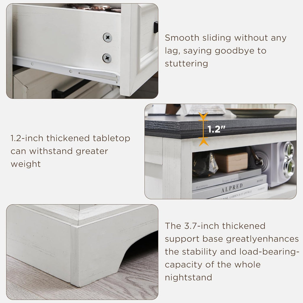 ACCOHOHO 18" Farmhouse Nightstand Set of 2 with Charging Station,End Table with 2 Drawers Storage,Side Table,Bedside Cabinet for Bedroom,Living Room, Antique White
