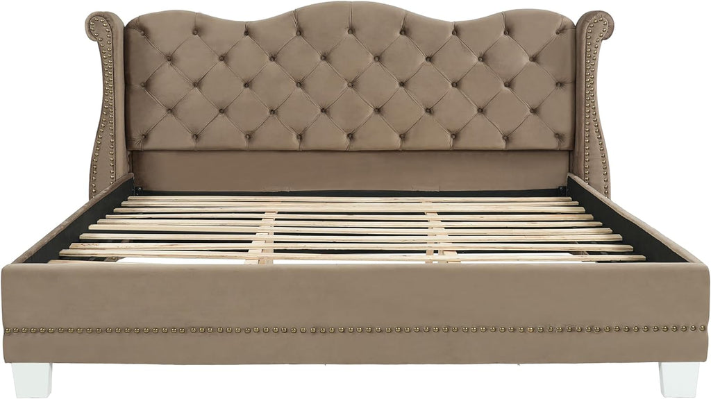 Merax Brown King Size Velvet Upholstered Bed Frame with Thick Tufted Wingback Headboard, Retro Classic Style Platform Bed with Sturdy Wood Slatted Support and Legs, No Box Spring Needed, Bear 700lbs