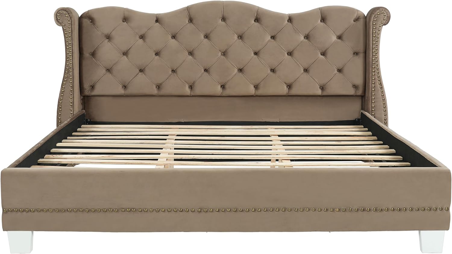 Merax Brown King Size Velvet Upholstered Bed Frame with Thick Tufted Wingback Headboard, Retro Classic Style Platform Bed with Sturdy Wood Slatted Support and Legs, No Box Spring Needed, Bear 700lbs