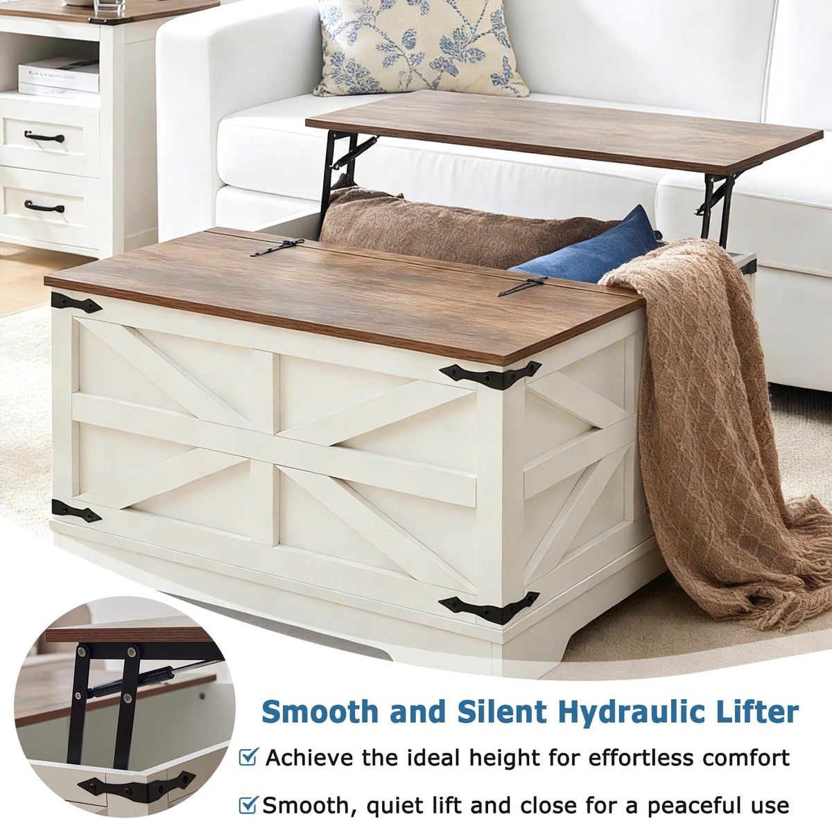 Farmhouse Coffee Table Set of 3, Lift Top Coffee Table with Sliding Barn Doors and End Tables Set of 2 with Charging Station, Living Room Table Set for Home Office, White