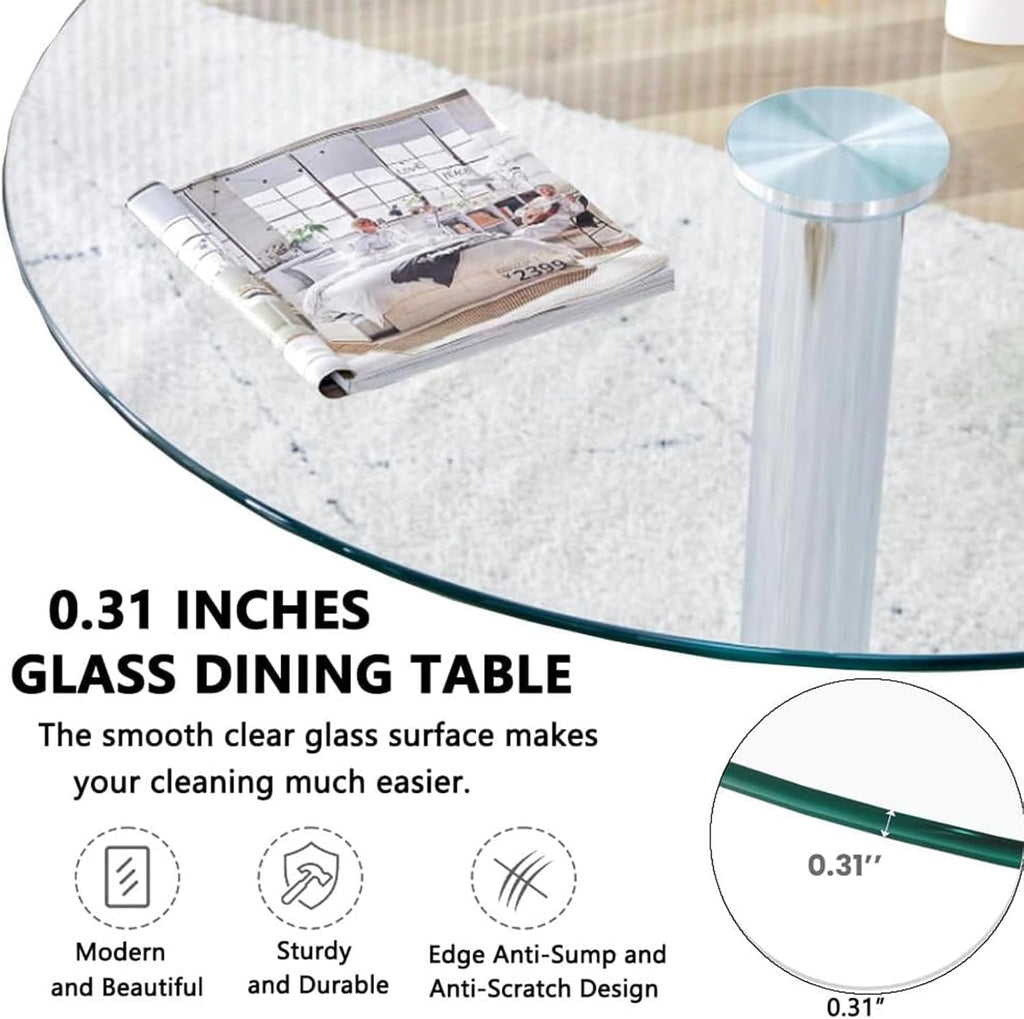 23.4" Round Glass Dining Table, Modern Circular, Sturdy Base and Perfect for 2-4 Seat, Bistro Style for Dining Room, Living Room, Balcony, Cafe