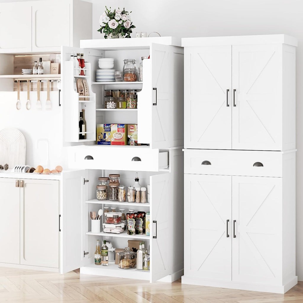 Tall Free Standing Kitchen Pantry Storage Cabinet, Wooden Farmhouse Style, Deep Organization for Kitchen