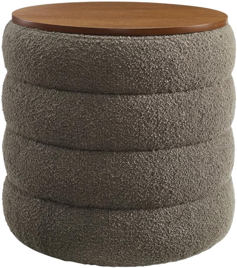 Gray Round Boucle Fabric Storage Ottoman, Indoor-Outdoor Seating, 17.3-Inch Diameter, Soft Boucle, Durable Structure