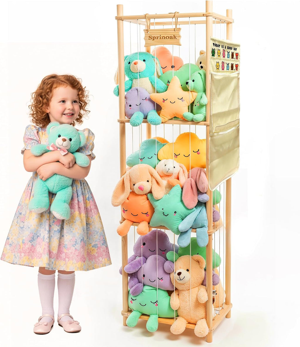 54-Inch Tall Stuffed Animal Storage Organizer - Premium Wooden Plush Toy Holder Zoo, Large Toy Storage Tower with Elastic Rope & Side Storage Bag for Kids Room, Nursery, Playroom, Corner (Sprinoak)