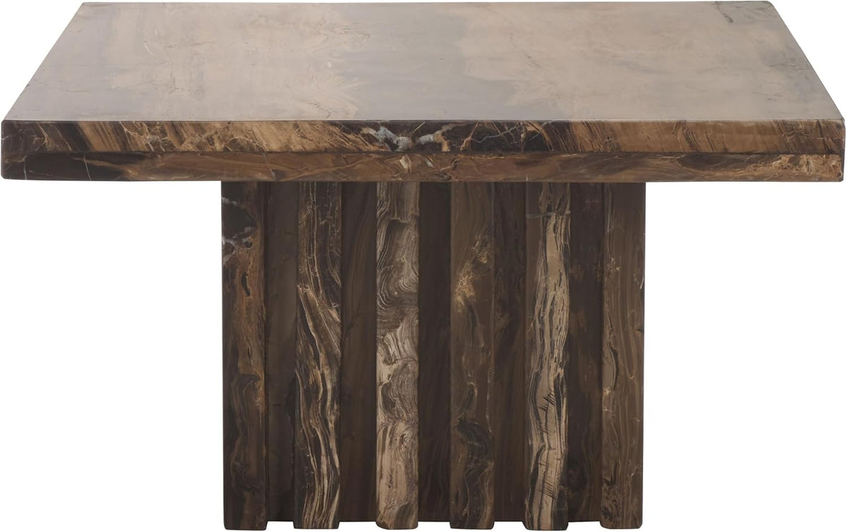 SAFAVIEH Couture Collection - Olivia Brown Marble Accent Table, Square Pedestal Design, Fluted Base Statement Piece (SFV9702B)