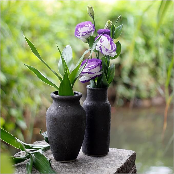 roro 7-Inch Handmade Textured Black Ceramic Prunus Vase - Artisan Handcrafted for Home & Office Decor, Ideal Housewarming Gift, Modern Rustic Farmhouse Minimalist
