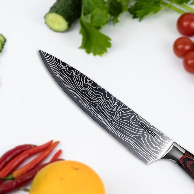 Seido Knives Master Chef Knife Japanese Handmade High Carbon Steel 8 inch - Perfectly Well-Balanced Pakka Wood Handle Kitchen Slicing Knife Razor-sharp Blade Precision Cutting
