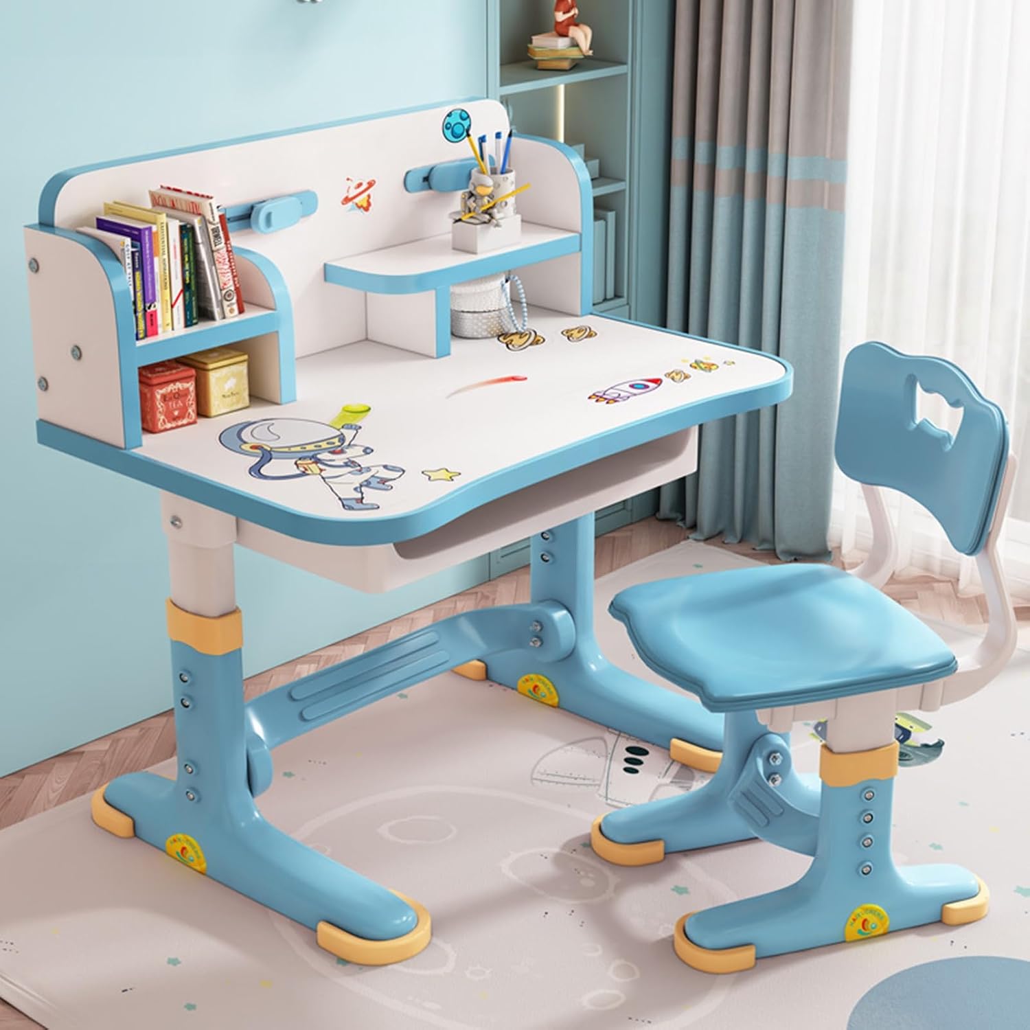 Kids Desk and Chair Set,Height Adjustable Study Table with Storage Drawer Ergonomic Seat Cartoon Pattern Widened Desktop for Children Aged 3-16 Years Old Blue