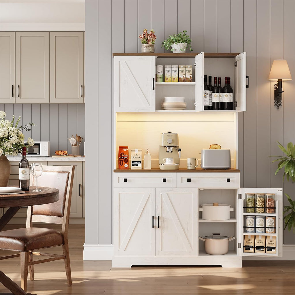 ELYKEN 71" Kitchen Pantry Cabinet with Charging Station & LED Lights, Tall Kitchen Storage Cabinet with Hutch, Farmhouse Pantry with Door Shelf & Pull Out Shelf for Dining Room Kitchen, White