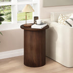 Wnutrees Round Fluted End Table, Small Accent Pedestal Side Table, Wood Fluted Nightstand Bedside Table for Living Room, Bedroom, Handcrafted Finish, Brown