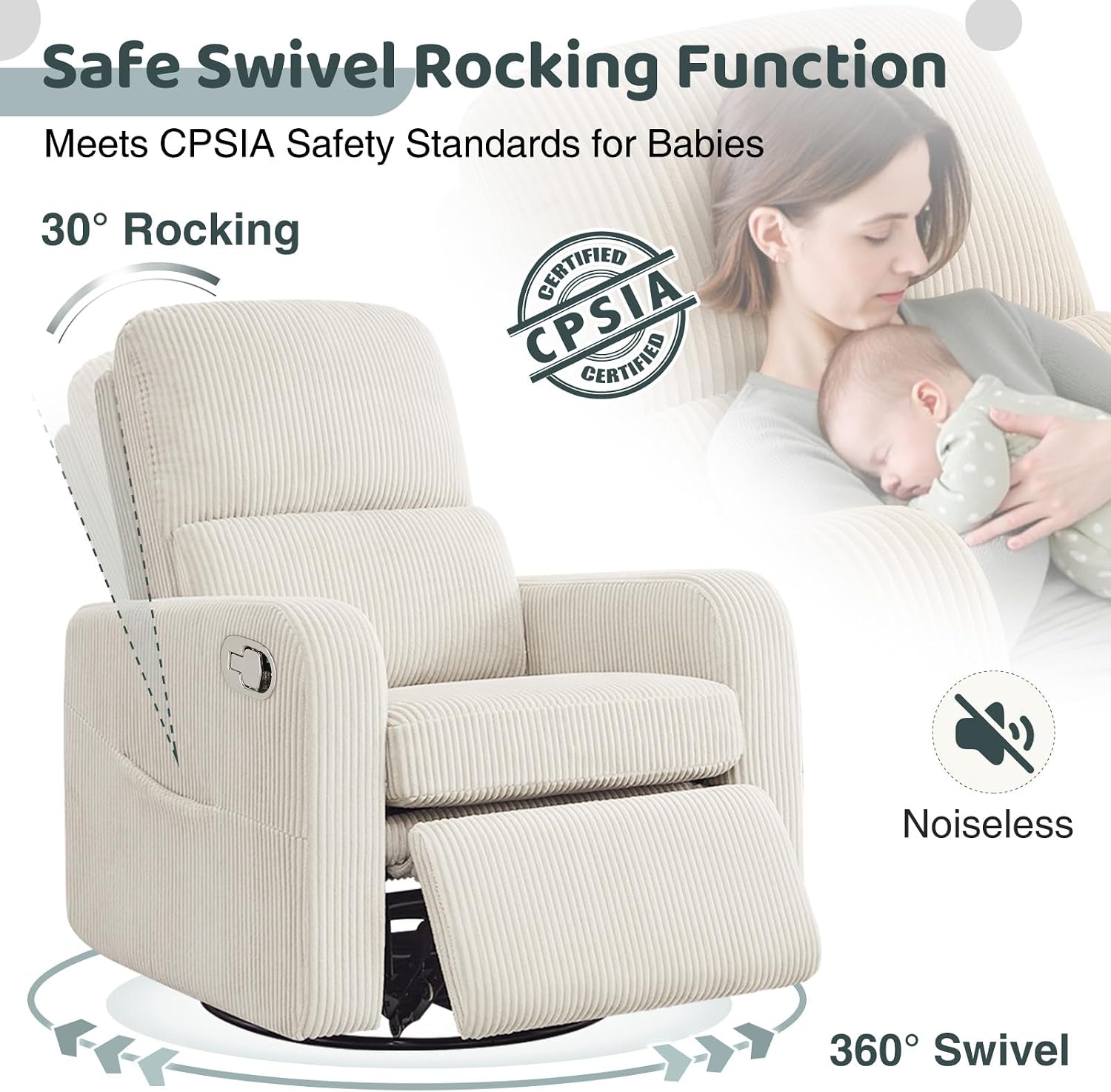 Swivel Rocker Recliner, Oversized Manual Nursery Glider Rocking Recliner Chair with Removable Cushion, Upholstered Corduroy Swivel Reclining Chair for Nursery Living Room Bedroom, Cream White