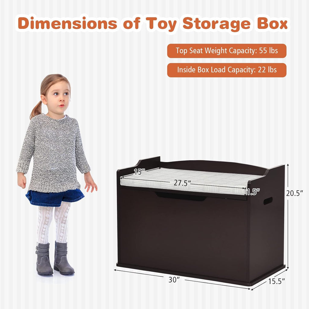 Costzon Modern Espresso Wooden Toy Chest with Bench Seat, Toy Storage Trunk Case, Finger-Pinch Prevention, Lift-Top Foot Rest Seat for Toddler Bedroom Playroom Entry
