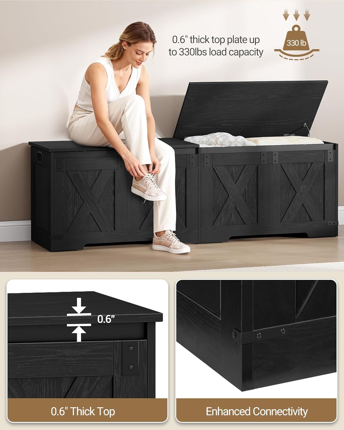 Hzuaneri 59" Storage Chest, Large Storage Trunk with 2 Hinges, Farmhouse Wooden Box Bench, Lift-Top Organizer Chest, Entryway Trunk for Bedroom, Living Room, Black SB15004X