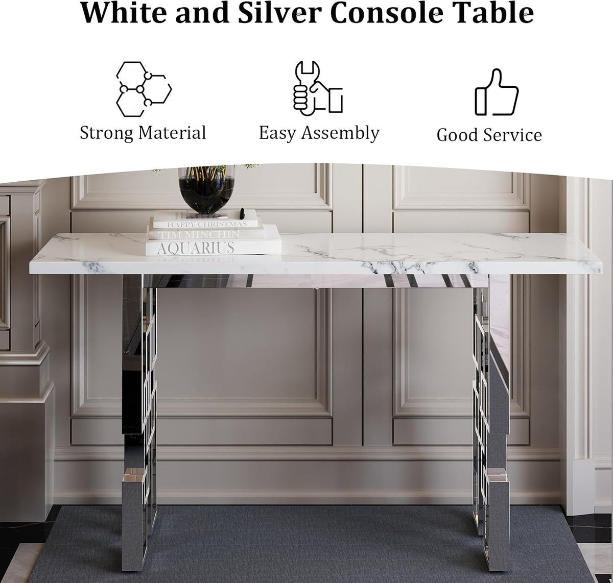 AUZ 55" White and Silver Console Table, Luxury Living Room Sofa Table, Modern Rectangle Console Table for Entryway, Living Room, Office, Foyer, Front Hall, Hallway