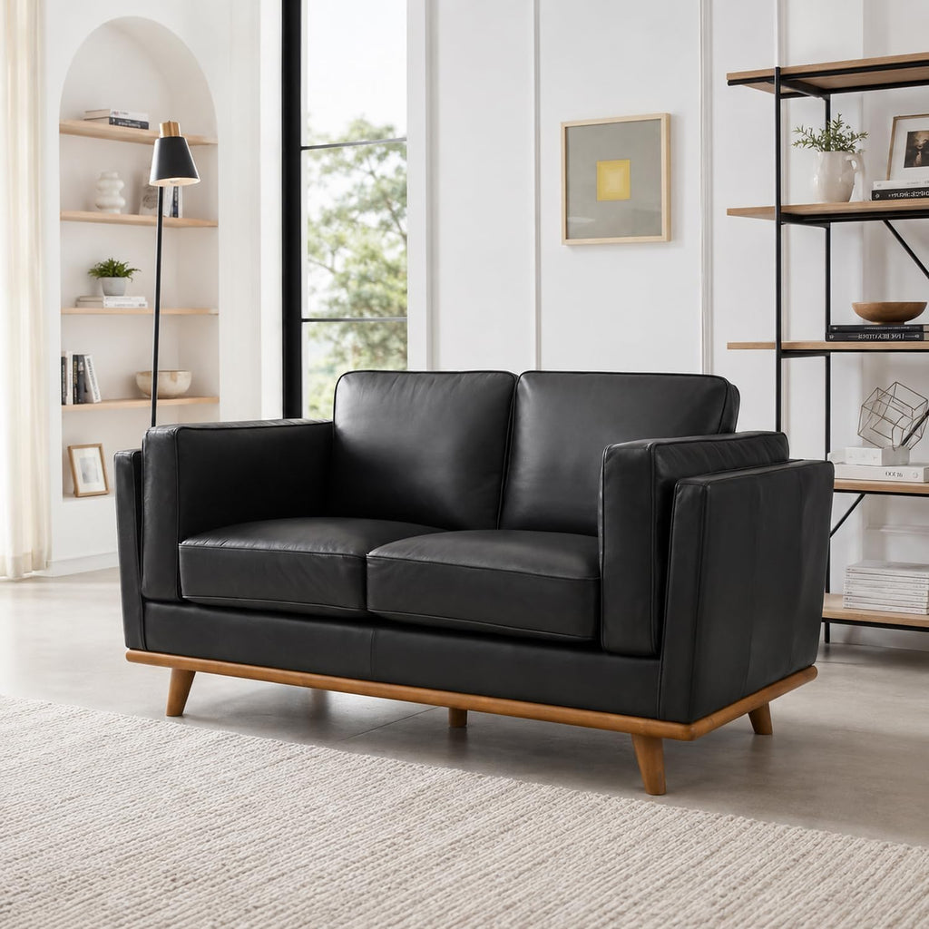 Valencia Artisan Full Leather Loveseat Sofa 66”| Pure Full Italian Nappa Leather Couch, Solid Wood Accent, Ultimate Comfort, Black