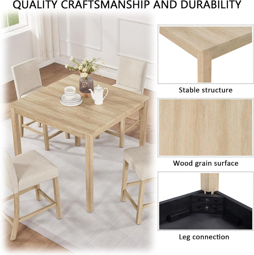 RuiSiSi 5-Piece Counter Height Dining Table Set, Square Dining Table White with 4 Upholstered Chairs, Solid Wood Kitchen Table and Chairs Set for Kitchen, Light Oak + Beige