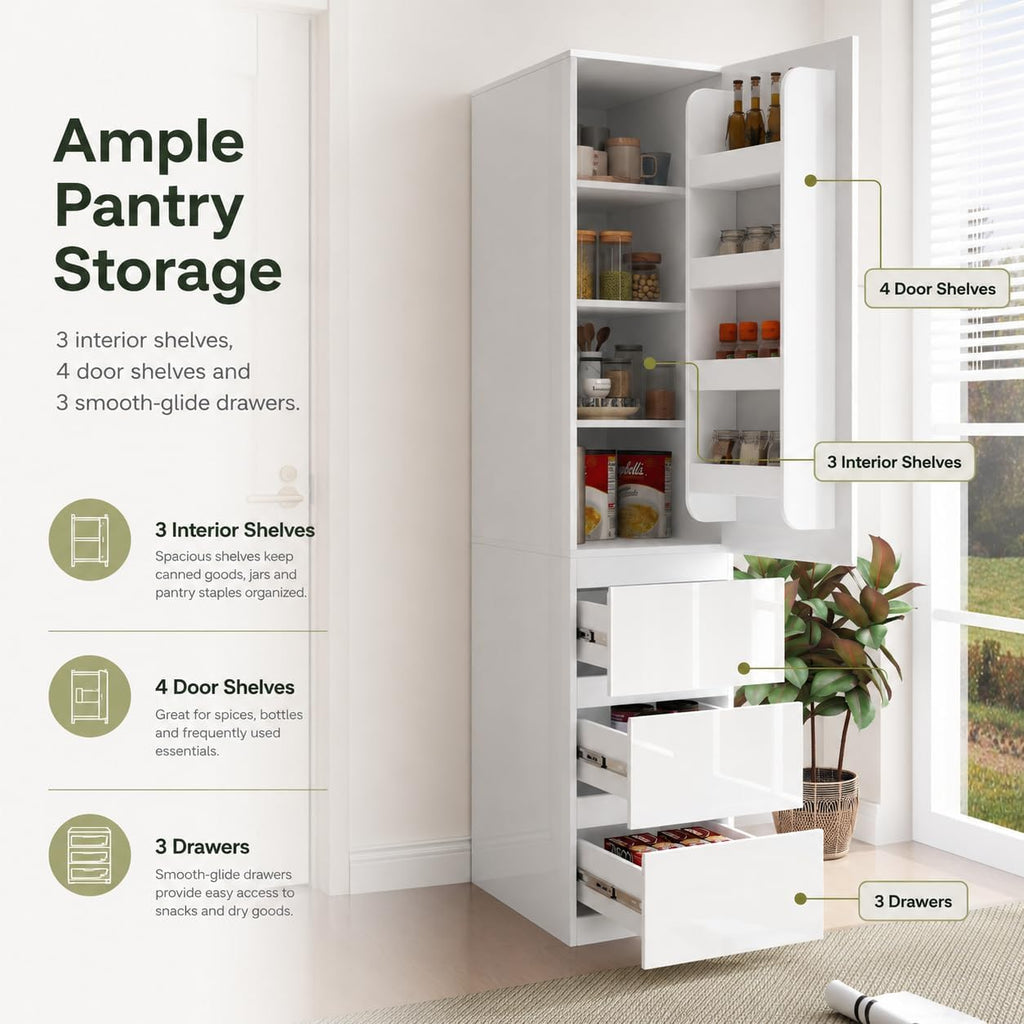 Kitchen Pantry Cabinet, 70.9" Tall Pantry Storage Cabinet with Doors, 3 Drawers, Shelves and Right-Side Door Racks, Freestanding Kitchen Storage Cabinet for Kitchen and Home, White