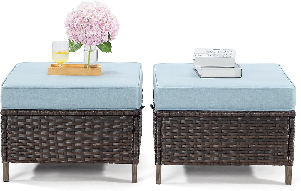 Patio Ottoman Set of 2, All Weather Outdoor Rattan Ottomans Patio Footstools with Removable Cushions for Garden Backyard Porch(Brown/Azure)