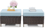Patio Ottoman Set of 2, All Weather Outdoor Rattan Ottomans Patio Footstools with Removable Cushions for Garden Backyard Porch(Brown/Azure)