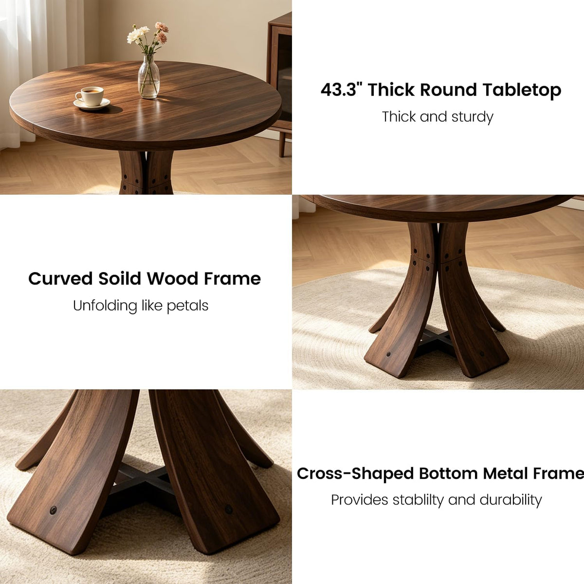 43.3" Round Dining Table Set for 4, 5 Piece Farmhouse Kitchen Table Set with 4 PU Chairs, Mid Century Modern Dining Table with Curved Solid Wood Frame for Dining Room, (Walnut Table+4 Beige Chairs)