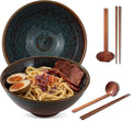 8 Inch Ceramic Ramen Bowl Set of 2, 40oz Japanese Bowls with Spoons & Chopsticks,Durable,Microwave & Dishwasher Safe,Perfect for Ramen,Pho,Salad,Soup,Noodles，Mixing bowls（Verdigris Green）