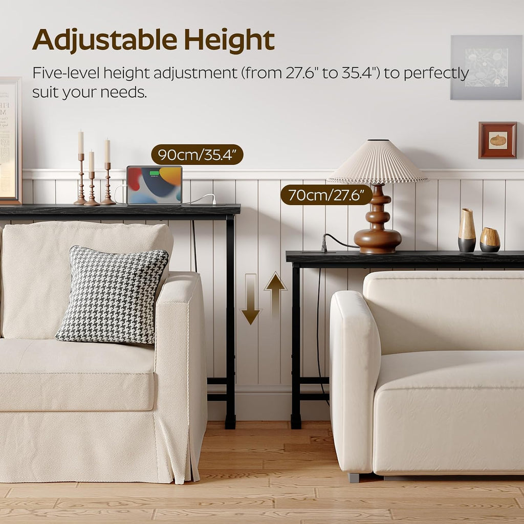 YATINEY 78.7" Console Table with Adjustable Height (27.6"-35.4") and Power Outlet, Skinny Behind Couch Table, Narrow Long Sofa Table for Living Room, Hallway, Entryway, Black CT09UBB