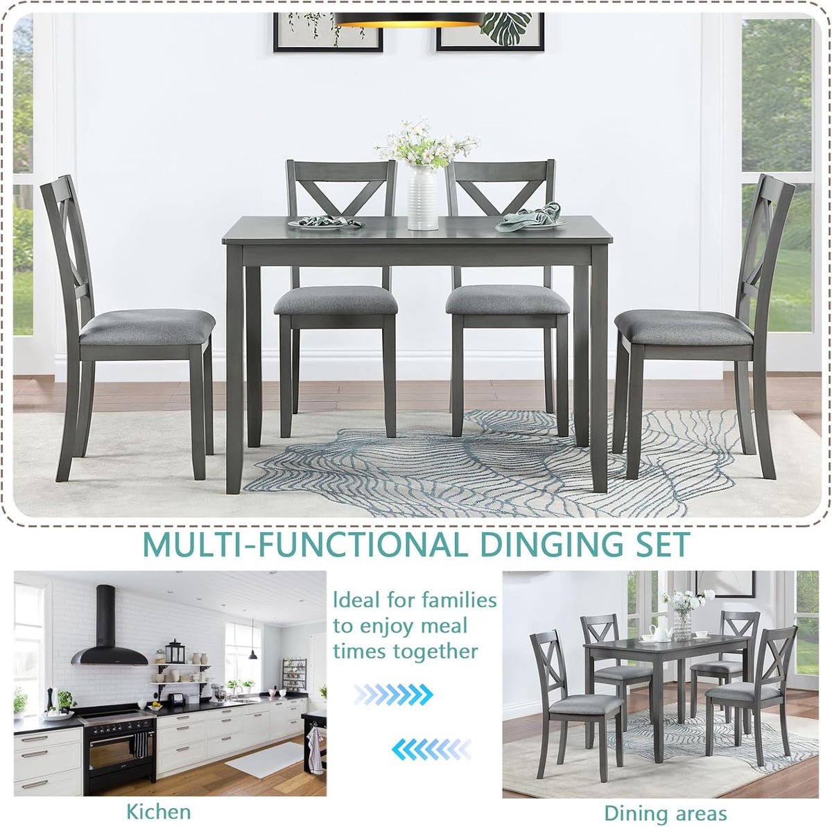 RuiSiSi 5 Piece Dining Table Set for 4, Farmhouse Kitchen Table with 4 Padded Seat Chairs, Wood 5 Piece Dinette Set Rectangular Table for Kitchen, Living Room, Gray