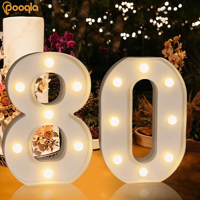 Pooqla Decorative LED Light Up Number Letters, White Plastic Marquee Number Lights Sign for 80th Birthday Party Wedding Decor, Battery Operated (80)