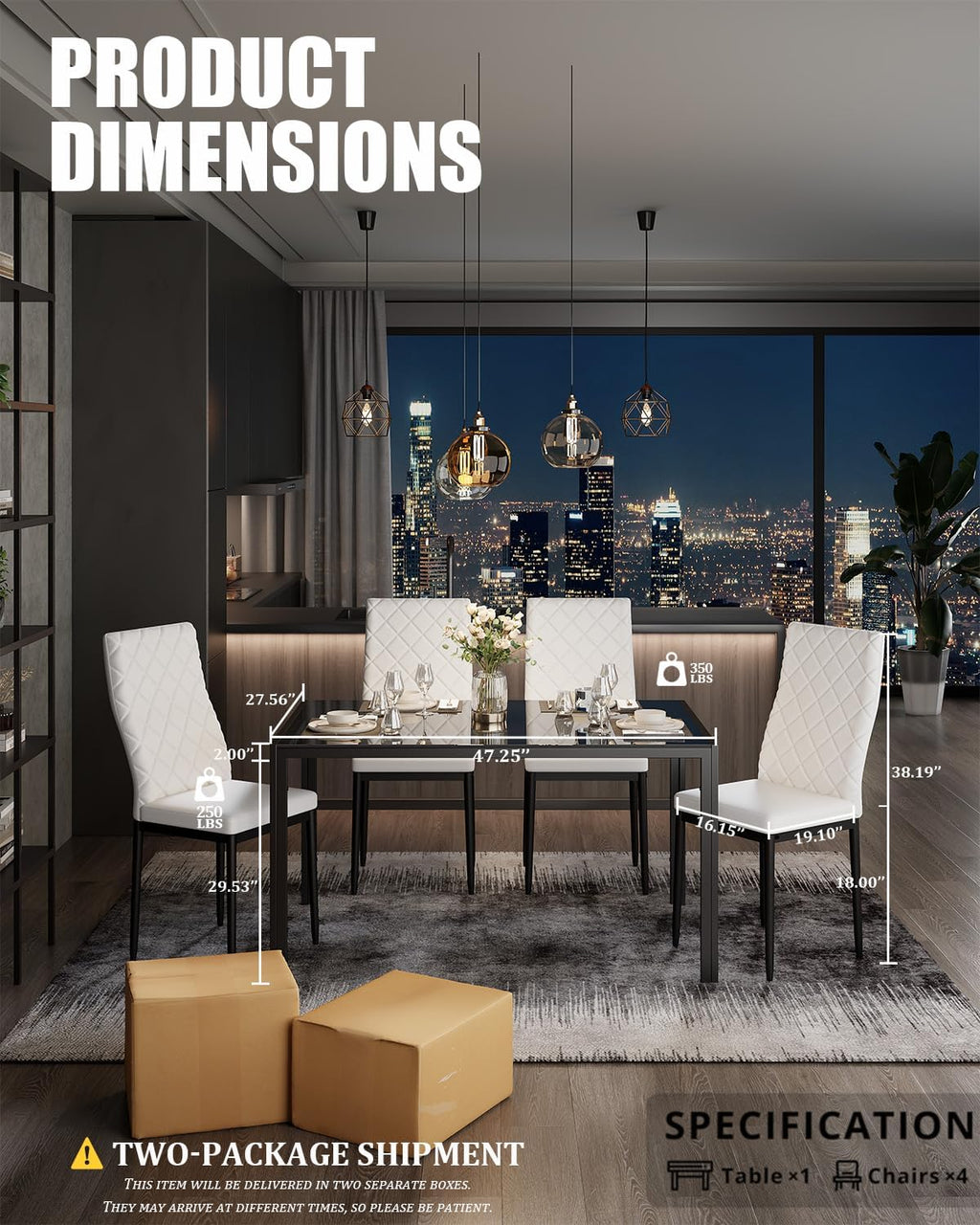 Dining Table Set for 4, Kitchen Table and Chairs Set of 4, 5 Piece Modern Dining Room Table Set with Tempered Glass Top and PU Leather Chairs for Small Space, Apartment, Poker