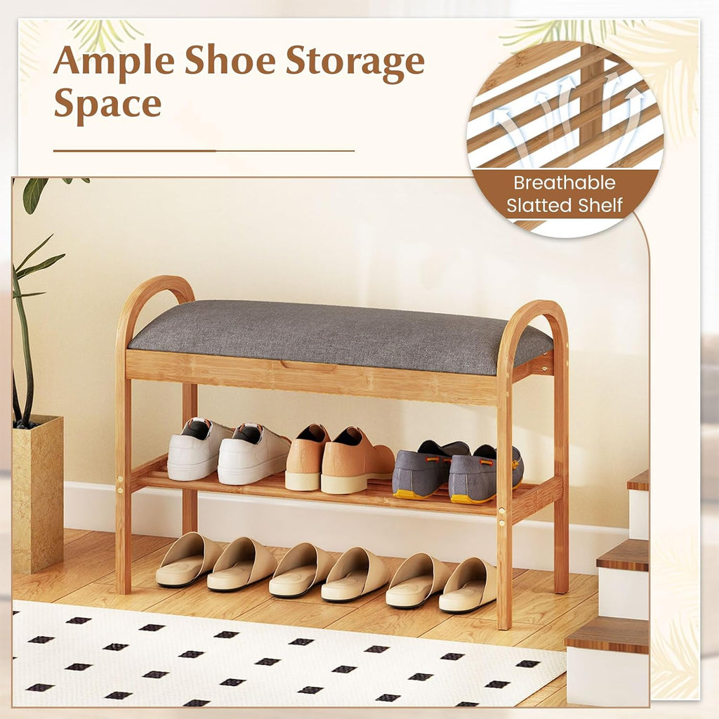 Giantex Shoe Bench with Flip-Top Storage, Bamboo 2-Tier Entryway Bench with Padded Cushion, Shoe Rack Bench for Hallway, Closet, Foyer, Living Room, Bedroom, Mudroom (with Flip-Top Storage)