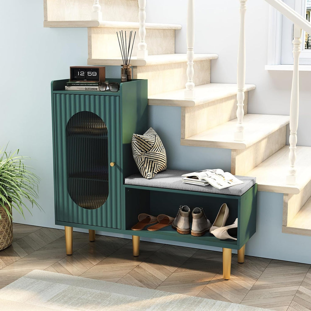 HLR Shoe Storage Bench with Glass Door&Shelf, L-Shaped Shoe Cabinet, Green | Modern Entryway Shoe Organizer with Padded Seat, Storage Cabinet for Hallway, Bedroom, Living Room, Office