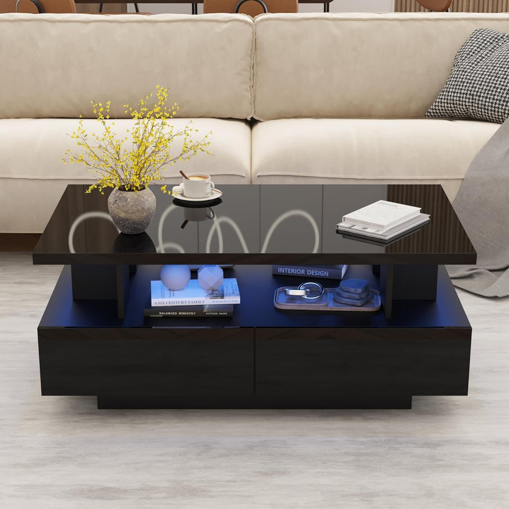 MHOM 41.3" LED Coffee Table, Modern High Gloss Living Room Table with 4 Drawers, Stylish Center Table for Living Room, Office and Apartment, Black