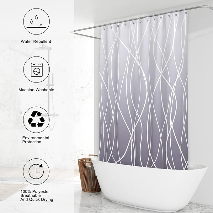 Punkray Ombre Purple Shower Curtain for Bathroom with Hooks, White Shower Curtain Set, Stripe Bath Curtains Decorative Shower Curtains Water Repellent Washable, 72 x 72