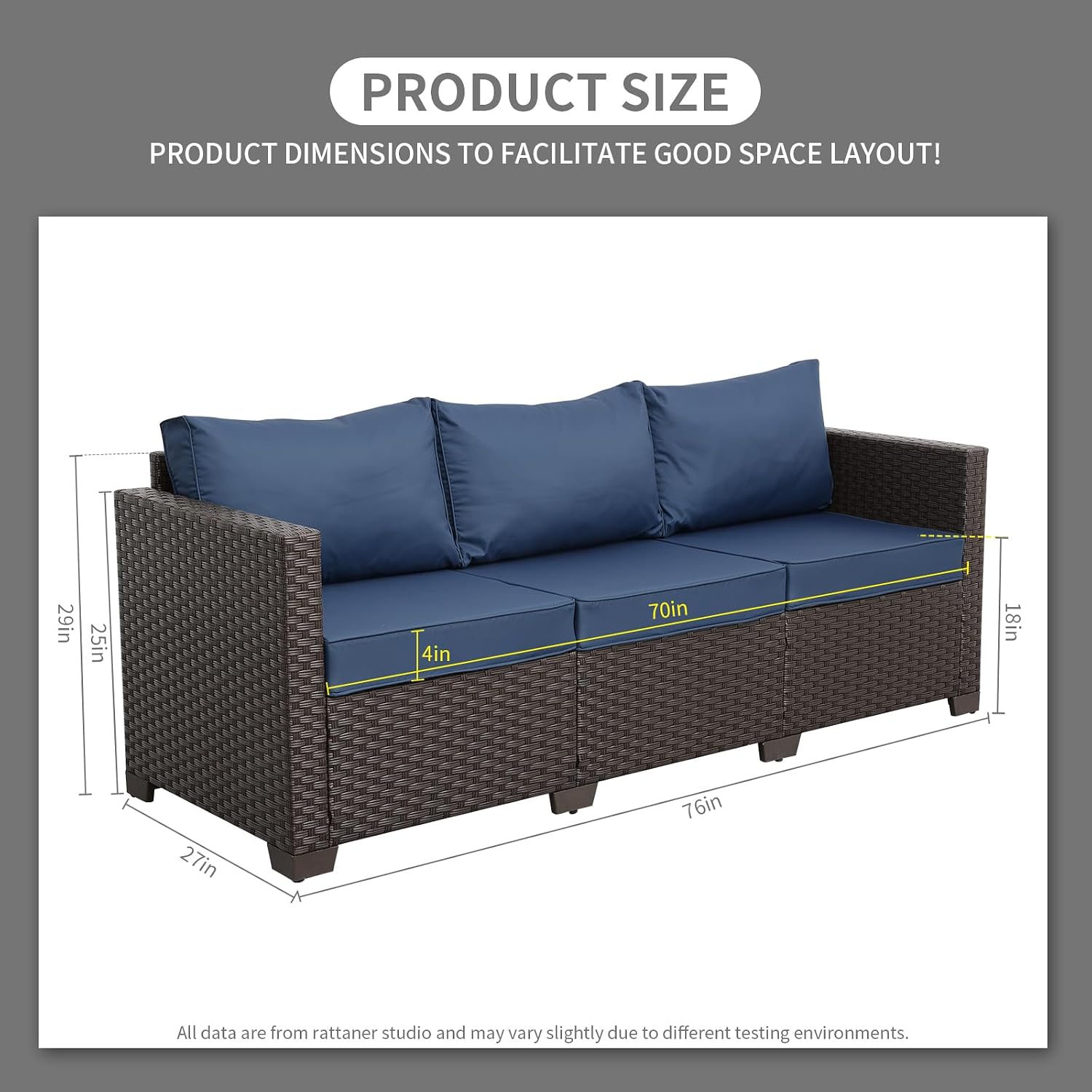 Rattaner 3-Seat Patio Wicker Sofa, Outdoor Rattan Couch Furniture Steel Frame with Furniture Cover and Deep Seat High Back, Blue Anti-Slip Cushion.