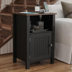 Furnify Nightstand with Charging Station, Night Stand Set of 2, Black | Farmhouse Rustic Night Stand with USB Ports & Open Storage Shelf, Modern Bedside Table with Door, Small End Table for Bedroom