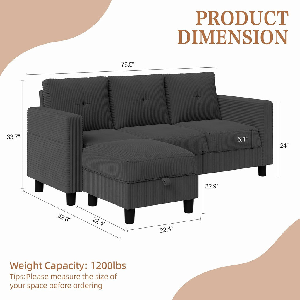 Shintenchi 76" Modern Upholstered Sectional Sofa Couch,L-Shaped Convertible Sofa with Storage Ottoman,Comfy Couches with Side Storage Pockets for Living Room,Dark Gray Corduroy Fabric