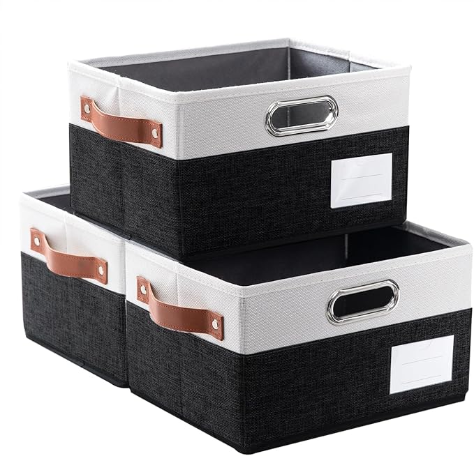 PRANDOM Foldable Storage Bins with Handles [3-Pack] Fabric Collapsible Storage Boxes Baskets Cubes Containers with Handles for Closet Living Room Bedroom (Black & White 11.5x8.5x6.7'')